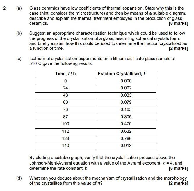 2 A Glass Ceramics Have Low Coefficients Of Thermal Expansion State Why This Is The Case Hint Consider The Microstr 1
