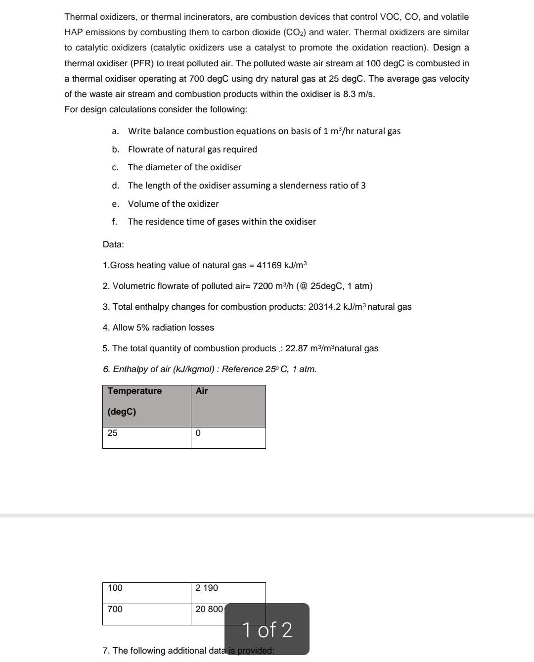 6 Enthalpy Of Air Kj Kgmol Reference 25 C 1 Atm Temperature Air Degc 25 0 100 2 190 700 20 800 7 The Following 2