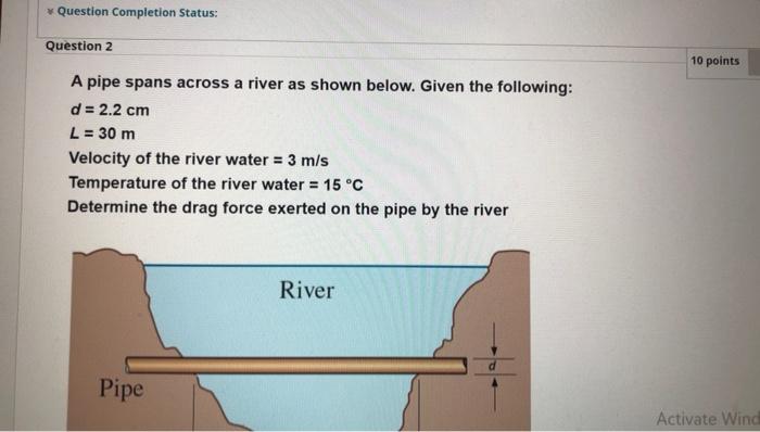 Question Completion Status Question 2 A Pipe Spans Across A River As Shown Below Given The Following D 2 2 Cm L 1