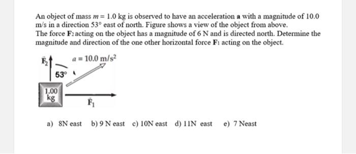 An Object Of Mass M 1 0 Kg Is Observed To Have An Acceleration A With A Magnitude Of 10 0 M S In A Direction 53 East O 1