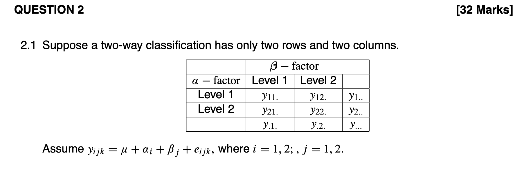 Question 2 32 Marks 2 1 Suppose A Two Way Classification Has Only Two Rows And Two Columns B Factor A Factor Leve 1