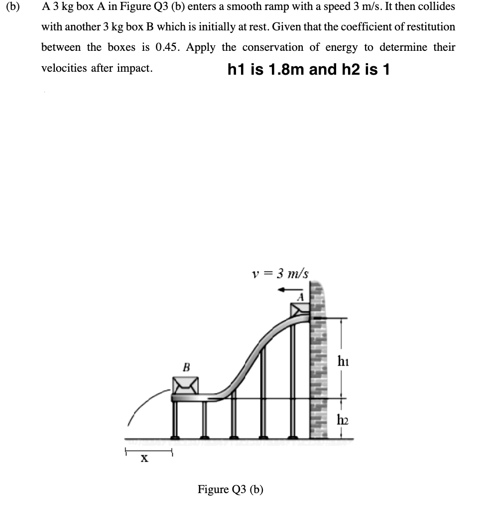 B A 3 Kg Box A In Figure Q3 B Enters A Smooth Ramp With A Speed 3 M S It Then Collides With Another 3 Kg Box B Whic 1