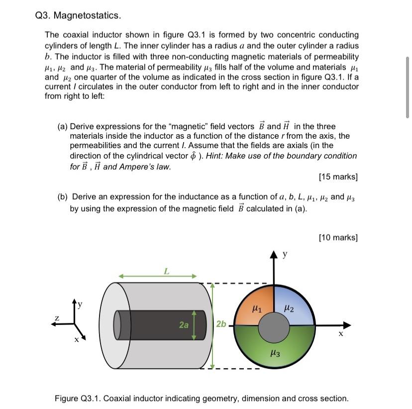 Q3 Magnetostatics The Coaxial Inductor Shown In Figure Q3 1 Is Formed By Two Concentric Conducting Cylinders Of Length 1