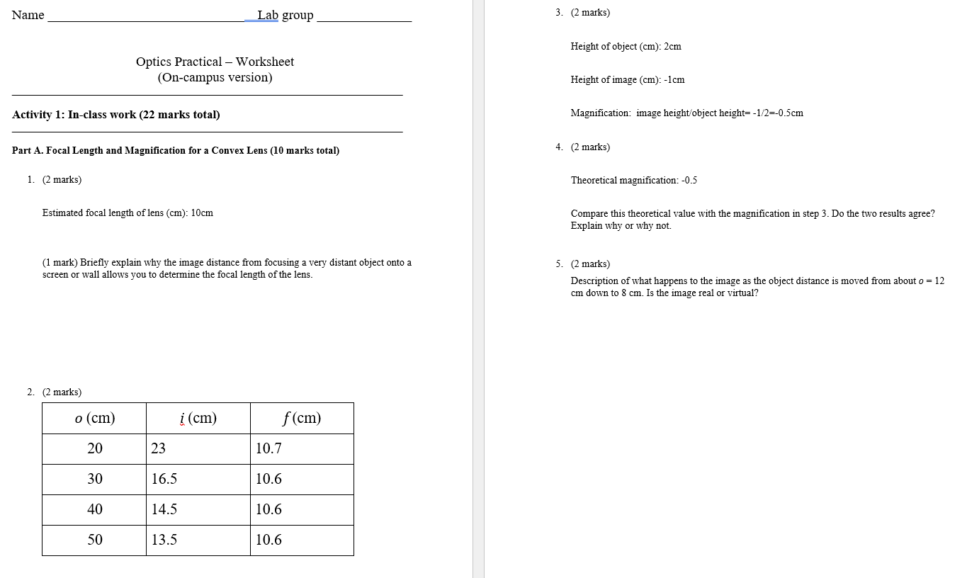 Name Optics Practical Worksheet On Campus Version Activity 1 In Class Work 22 Marks Total Part A Focal Length An 1