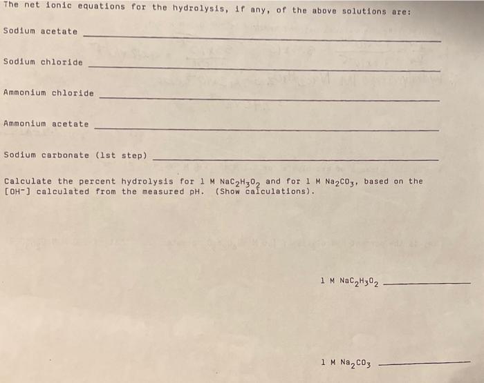 The Net Ionic Equations For The Hydrolysis If Any Of The Above Solutions Are Sodium Acetate Sodium Chloride Ammonium 1