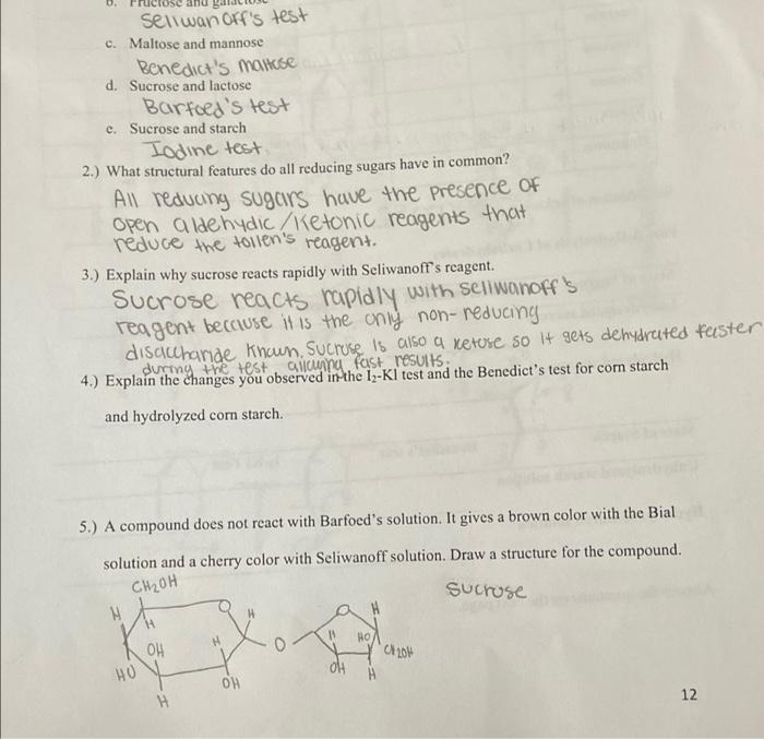 E Alexander Chem 130l Lodine Lodide Test Add 2 Drops Of Iodine Potassium Iodide To 2 Ml Of Each Of The Seven Carbohyd 3