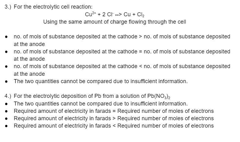 3 For The Electrolytic Cell Reaction Cu 2 Cl Cu Cl Using The Same Amount Of Charge Flowing Through The Cell 1