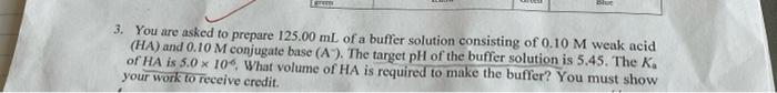 Grem 3 You Are Asked To Prepare 125 00 Ml Of A Buffer Solution Consisting Of 0 10 M Weak Acid Ha And 0 10 M Conjugate 1