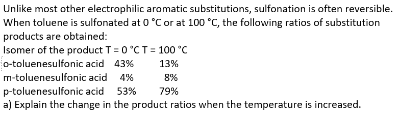 Unlike Most Other Electrophilic Aromatic Substitutions Sulfonation Is Often Reversible When Toluene Is Sulfonated At 0 1