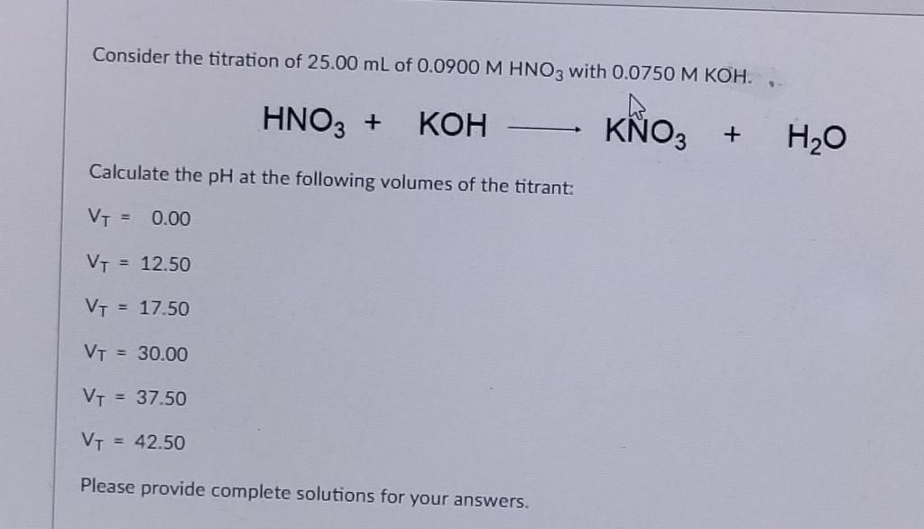 Consider The Titration Of 25 00 Ml Of 0 0900 M Hno3 With 0 0750 M Koh Hno3 Koh Kno3 Calculate The Ph At The Followi 1