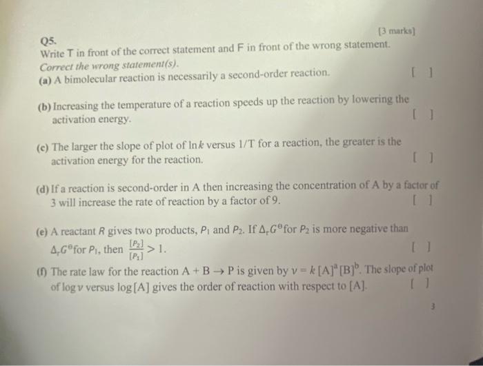 3 Marks Q5 Write T In Front Of The Correct Statement And F In Front Of The Wrong Statement Correct The Wrong Stateme 1