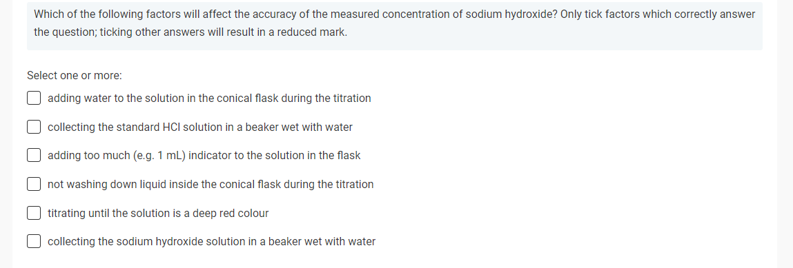 Which Of The Following Factors Will Affect The Accuracy Of The Measured Concentration Of Sodium Hydroxide Only Tick Fac 1