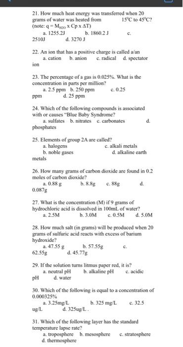 21 How Much Heat Energy Was Transferred When 20 15 C To 45 C Grams Of Water Was Heated From Note Q Mico X Cp X At A 1