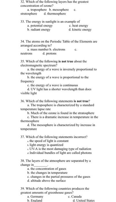 32 Which Of The Following Layers Has The Greatest Concentration Of Ozone A Troposphere B Mesosphere C Stratosphere 1