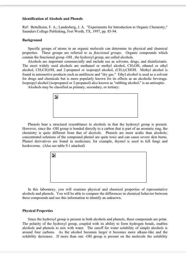 Identification Of Alcohols And Phenols Ref Bettelheim F A Landesberg J A Experiments For Introduction To Organi 1