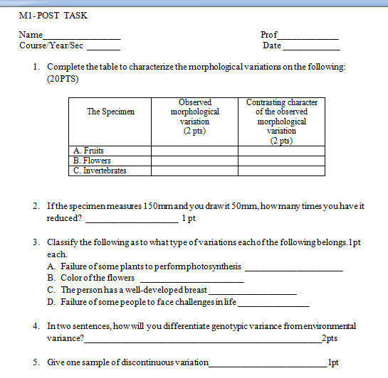 M1 Post Task Name Course Year Sec Prof Date 1 Complete The Table To Characterize The Morphological Variations On The Fo 1