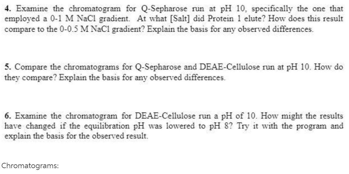 4 Examine The Chromatogram For Q Sepharose Run At Ph 10 Specifically The One That Employed A 0 1 M Nacl Gradient At W 1