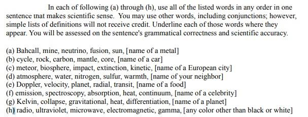In Each Of Following A Through H Use All Of The Listed Words In Any Order In One Sentence That Makes Scientific Sen 1