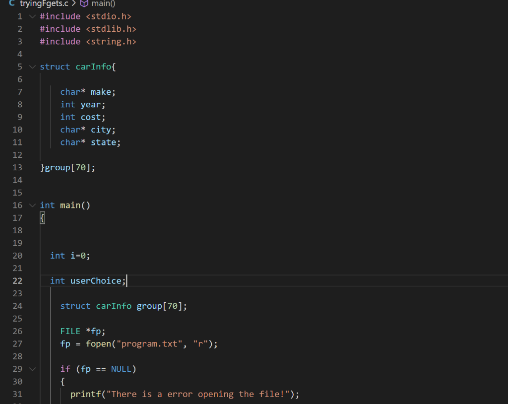 C Tryingfgets C Main 1 Include Stdio H 2 Include Stdlib H 3 Include String H 4 5 Struct Carinfo 6 7 Char 1