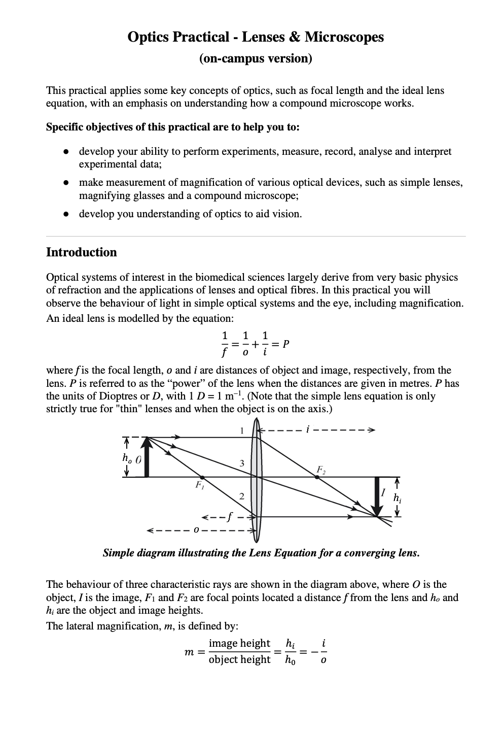 Optics Practical Lenses Microscopes On Campus Version This Practical Applies Some Key Concepts Of Optics Such As 1