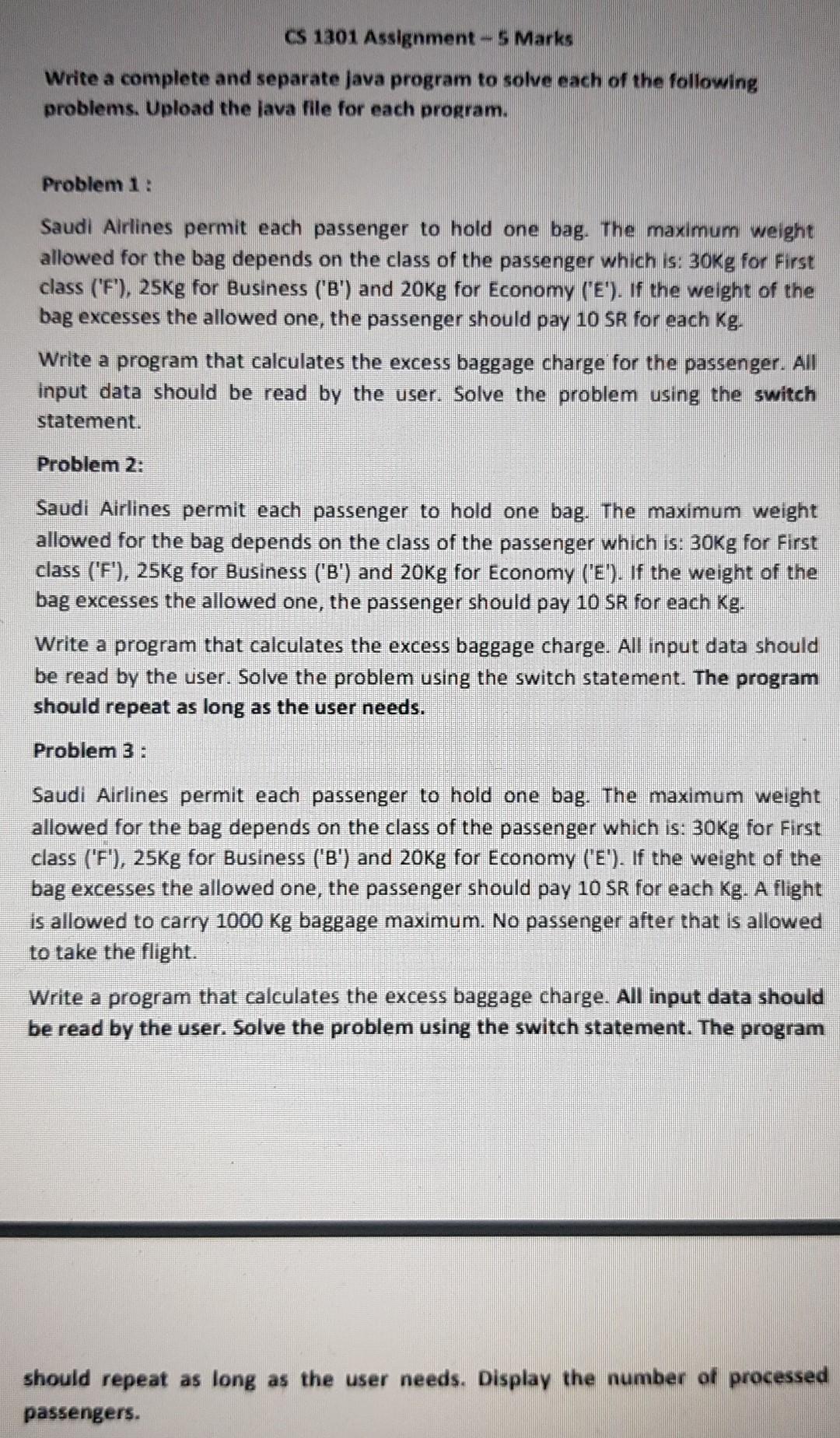 Cs 1301 Assignment 5 Marks Write A Complete And Separate Java Program To Solve Cach Of The Following Problems Upload 1
