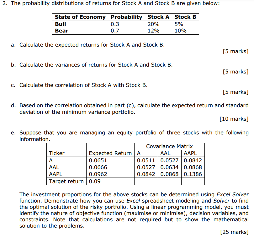 2 The Probability Distributions Of Returns For Stock A And Stock B Are Given Below State Of Economy Probability Bull S 1
