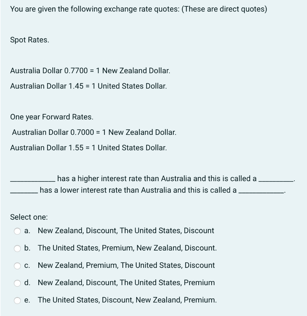 You Are Given The Following Exchange Rate Quotes These Are Direct Quotes Spot Rates Australia Dollar 0 7700 1 New 1