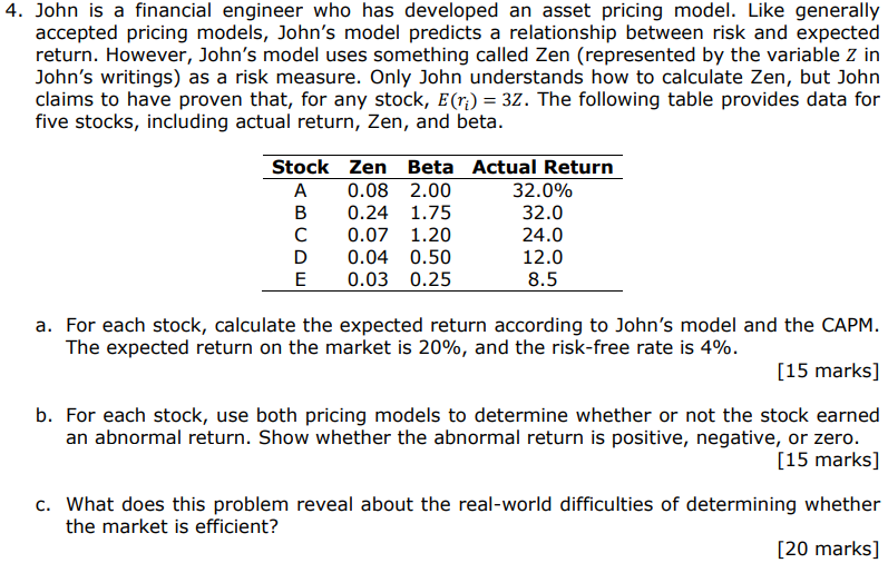 4 John Is A Financial Engineer Who Has Developed An Asset Pricing Model Like Generally Accepted Pricing Models John S 1