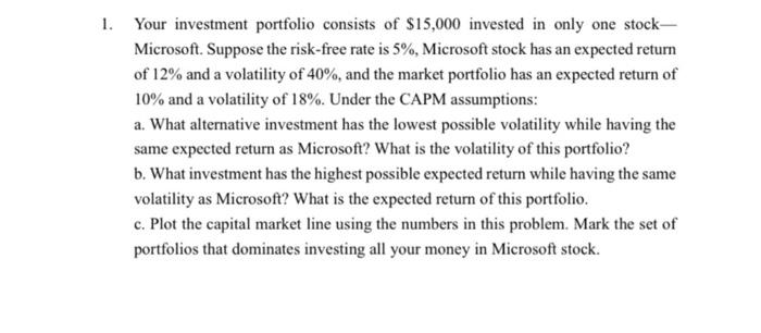 1 Your Investment Portfolio Consists Of 15 000 Invested In Only One Stock Microsoft Suppose The Risk Free Rate Is 5 1