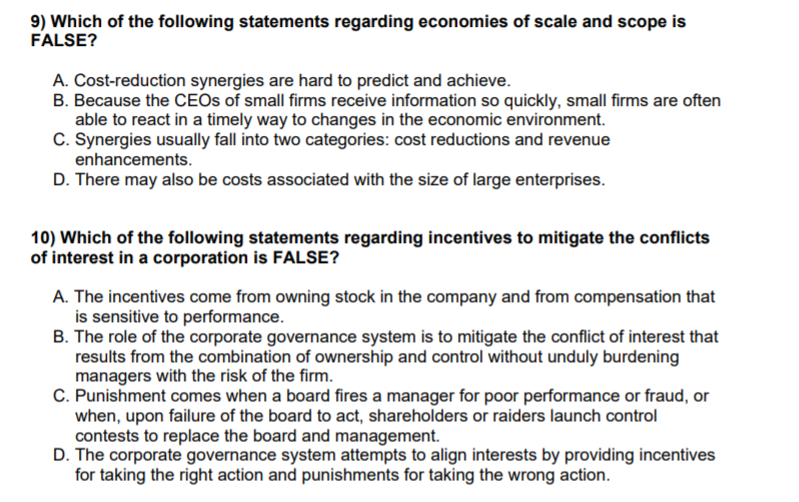 9 Which Of The Following Statements Regarding Economies Of Scale And Scope Is False A Cost Reduction Synergies Are Ha 1