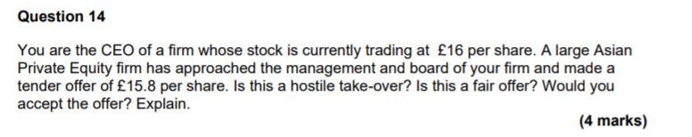 Question 14 You Are The Ceo Of A Firm Whose Stock Is Currently Trading At 16 Per Share A Large Asian Private Equity Fi 1
