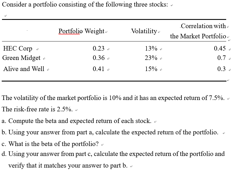 Consider A Portfolio Consisting Of The Following Three Stocks Portfolio Weight Volatility Hec Corp 0 23 13 P P Gree 1
