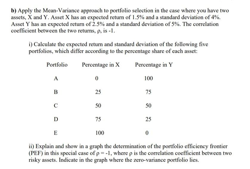 B Apply The Mean Variance Approach To Portfolio Selection In The Case Where You Have Two Assets X And Y Asset X Has 1
