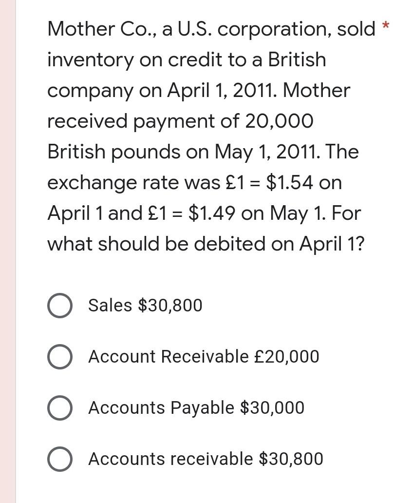 Mother Co A U S Corporation Sold Inventory On Credit To A British Company On April 1 2011 Mother Received Paymen 1