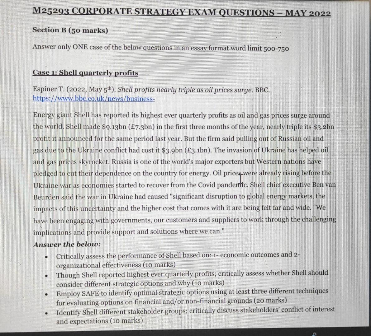 M25293 Corporate Strategy Exam Questions May 2022 Section B 50 Marks Answer Only One Case Of The Below Questions In 1