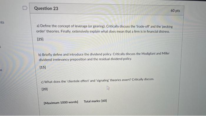 Nts As D Question 23 60 Pts A Define The Concept Of Leverage Or Gearing Critically Discuss The Trade Off And The 1