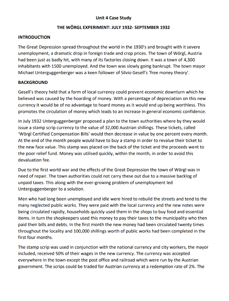 Unit 4 Case Study The Worgl Experiment July 1932 September 1932 Introduction The Great Depression Spread Throughout Th 1