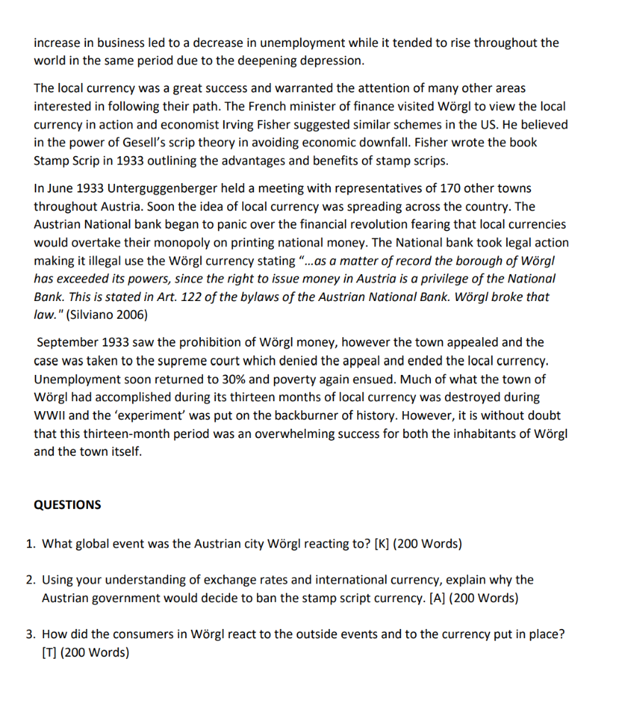 Unit 4 Case Study The Worgl Experiment July 1932 September 1932 Introduction The Great Depression Spread Throughout Th 2