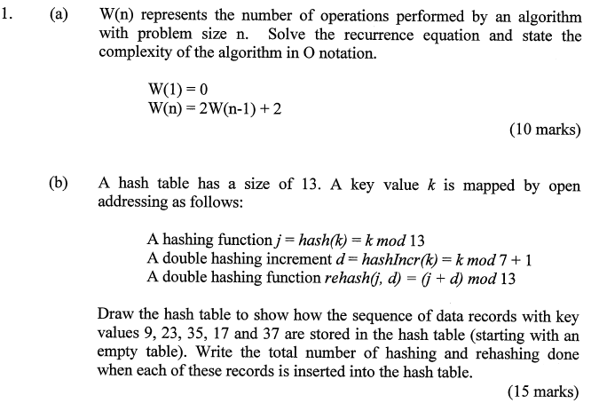 1 A W N Represents The Number Of Operations Performed By An Algorithm With Problem Size N Solve The Recurrence Equa 1