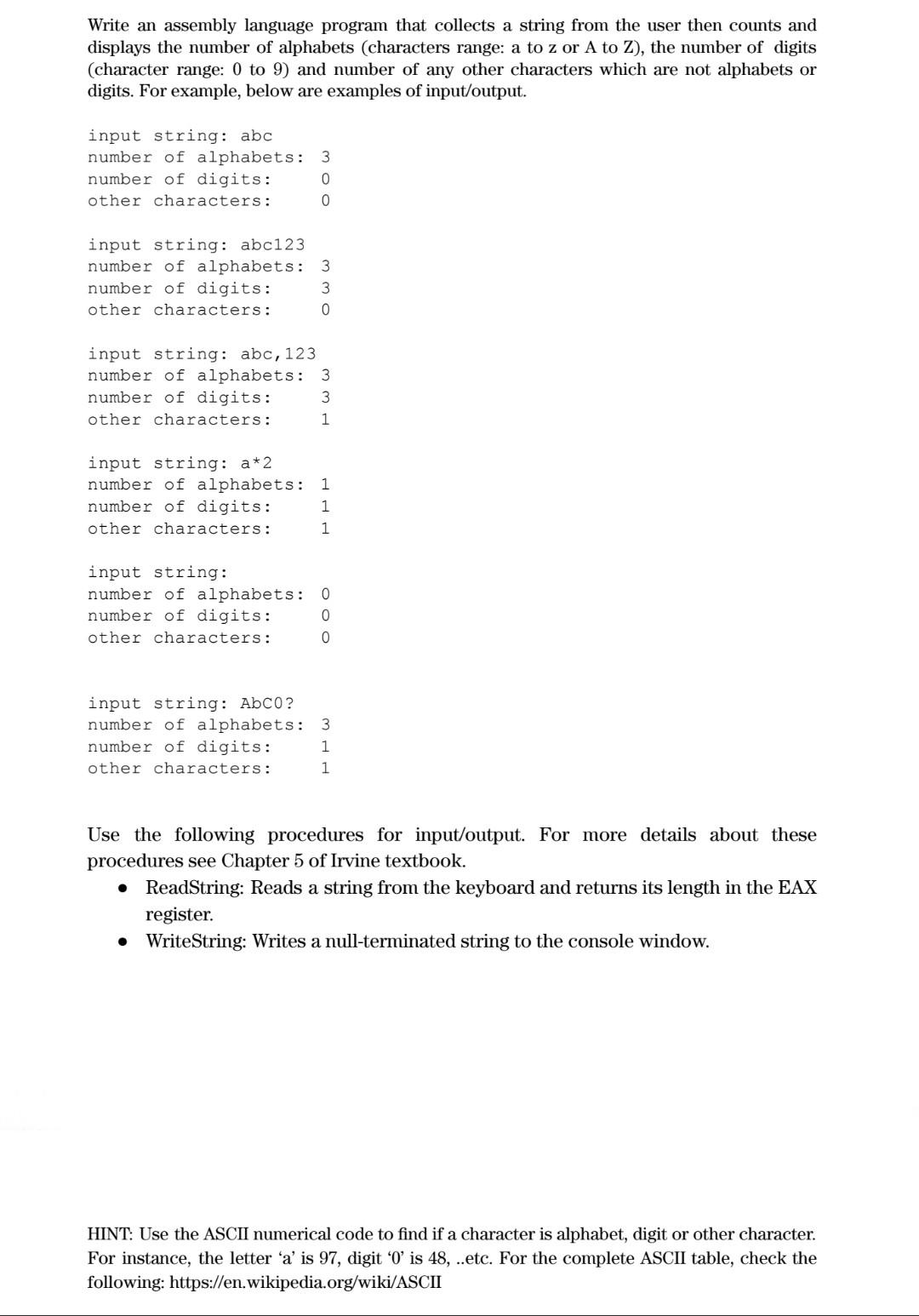 Write An Assembly Language Program That Collects A String From The User Then Counts And Displays The Number Of Alphabets 1