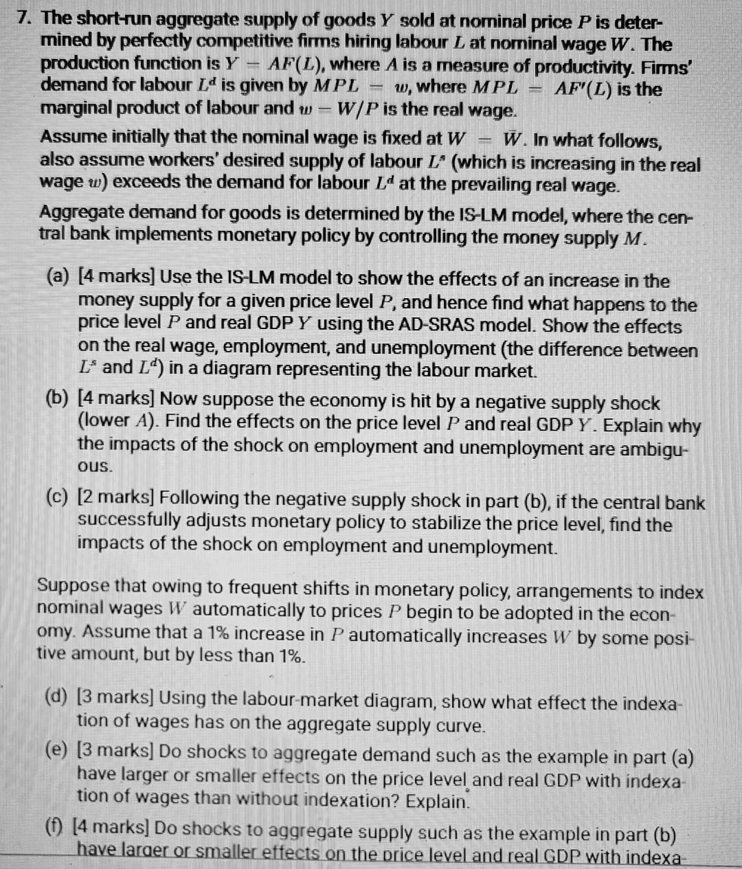 7 The Short Run Aggregate Supply Of Goods Y Sold At Nominal Price P Is Deter Mined By Perfectly Competitive Firms Hiri 2