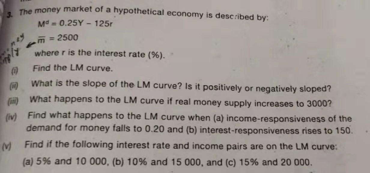 3 The Money Market Of A Hypothetical Economy Is Described By Md 0 25y 125r 2500 Where R Is The Interest Rate 1