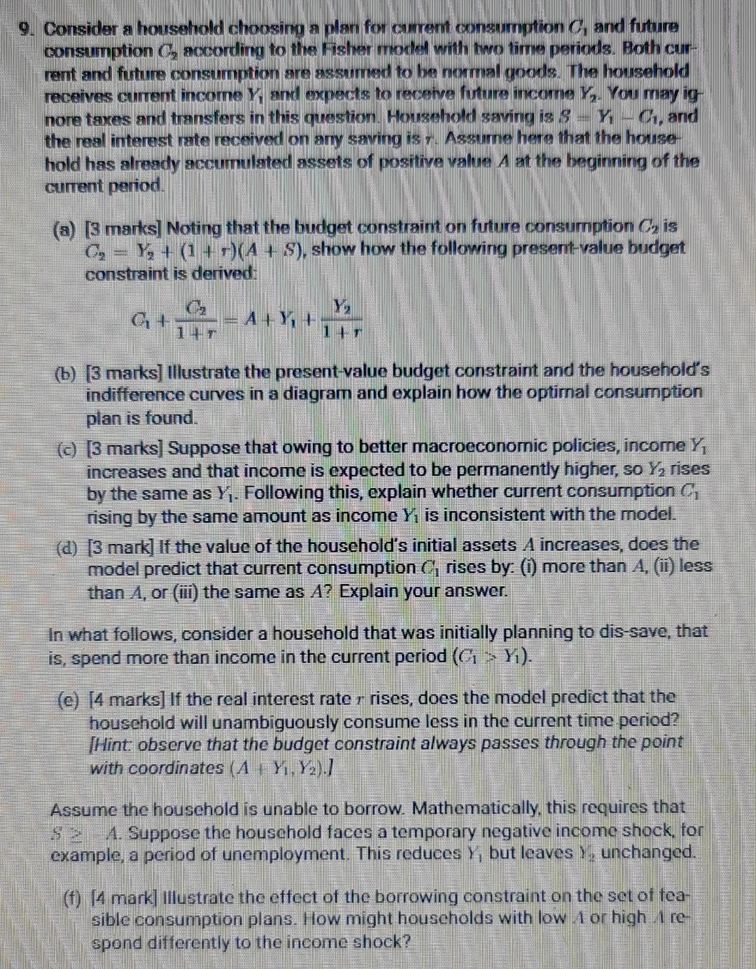 9 Consider A Household Choosing A Plan For Current Consumption C And Future Consumption C According To The Fisher Mod 1