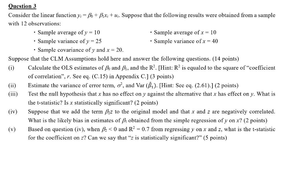 Question 3 Consider The Linear Function Y Bo Bixi U Suppose That The Following Results Were Obtained From A Sam 1