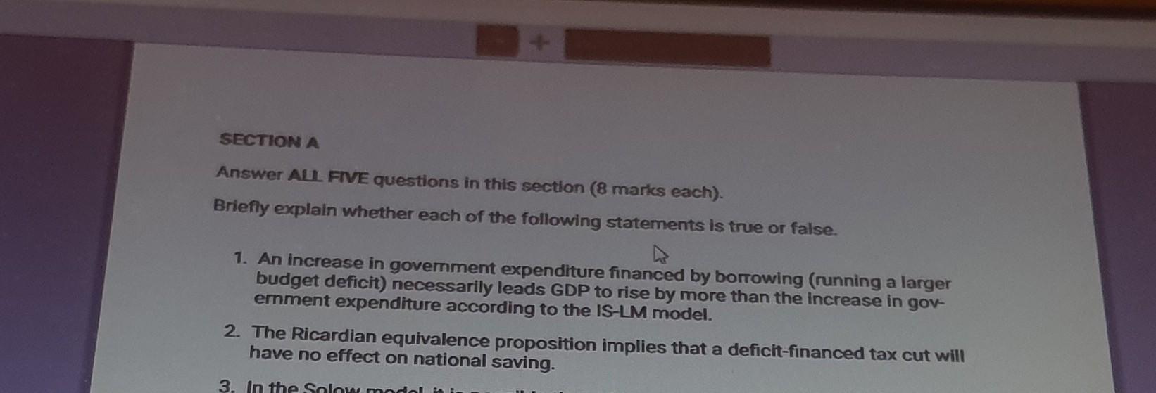 Section A Answer All Five Questions In This Section 8 Marks Each Briefly Explain Whether Each Of The Following Statem 1