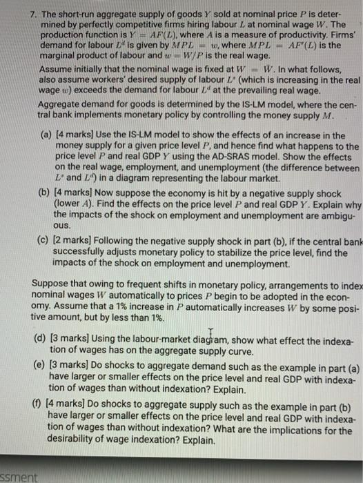 7 The Short Run Aggregate Supply Of Goods Y Sold At Nominal Price P Is Deter Mined By Perfectly Competitive Firms Hiri 1