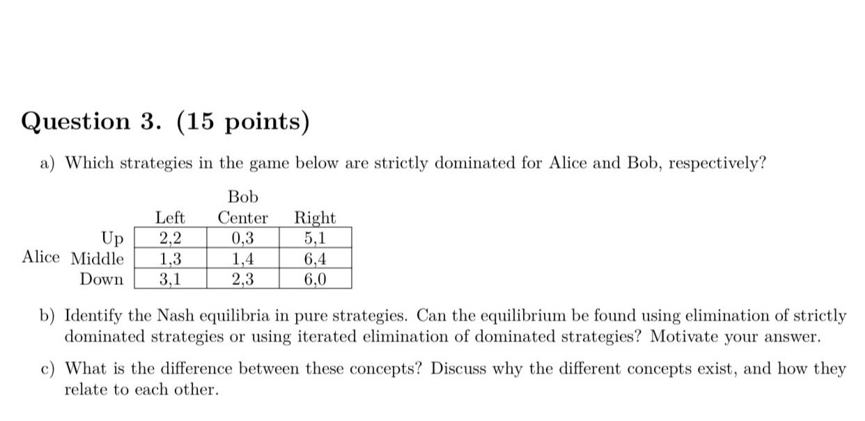 Question 3 15 Points A Which Strategies In The Game Below Are Strictly Dominated For Alice And Bob Respectively Bo 1