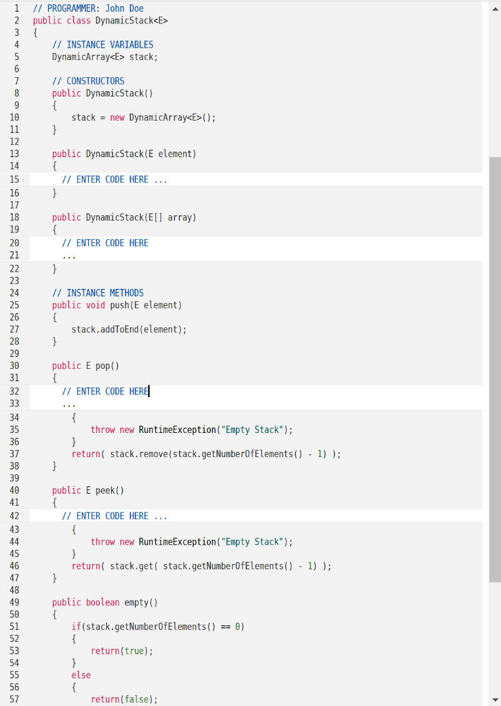 Java I Just Need The 4 Code Segments To Implement Stacks Using A Dynamicarray Generic Type E 1
