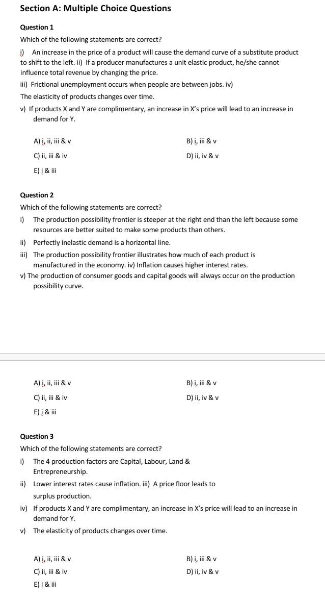 Section A Multiple Choice Questions Question 1 Which Of The Following Statements Are Correct I An Increase In The Pri 1