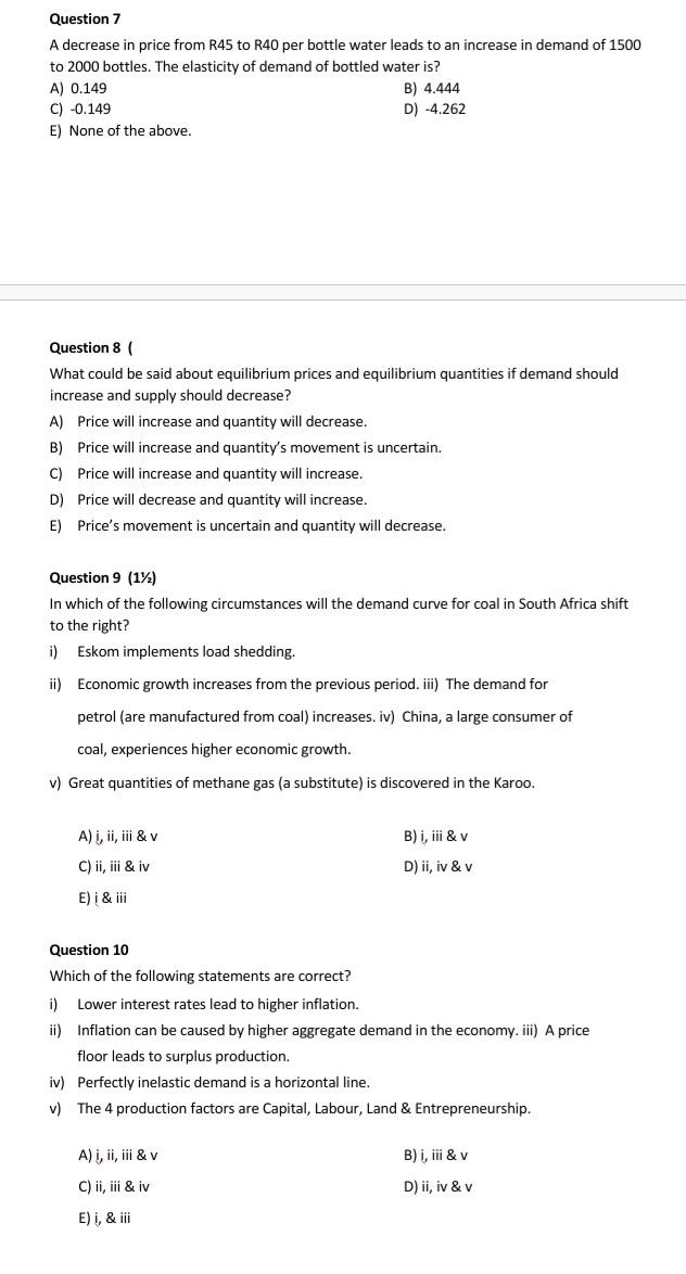 Section A Multiple Choice Questions Question 1 Which Of The Following Statements Are Correct I An Increase In The Pri 3